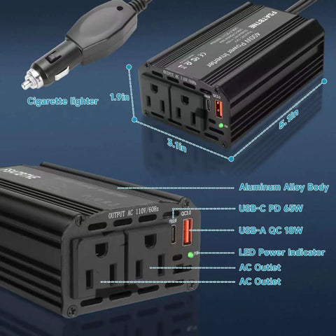 Beast Mode 400W Car Power Inverter Dc 12V To 110V Ac Adapter with dual AC outlets and USB ports, aluminum alloy body for road trips.