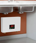Heavy Duty 3000W Tankless Electric Water Heater With Slick LCD Screen And Cast Aluminum Core for kitchen sink installation.