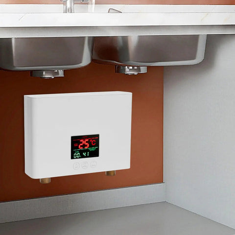 Heavy Duty 3000W Tankless Electric Water Heater With Slick LCD Screen And Cast Aluminum Core for kitchen sink installation.