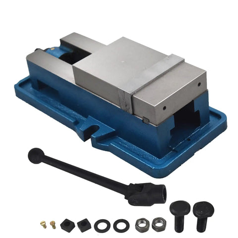 4 X 1-1/4 Precision Mill Vise Without Base For CNC Milling Machines with parts, blue metal body, high precision jaw, components shown