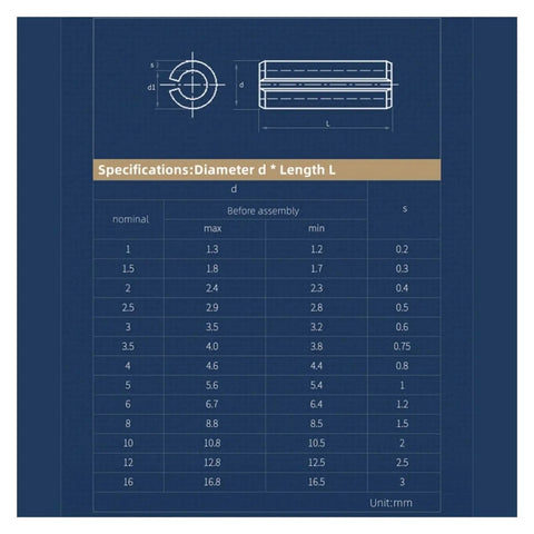 Technical specifications for Slotted Spring Pins Set In 304 Stainless Steel, Dowel Roll Pins M1.5 To M12, 5-100mm Pack diagram