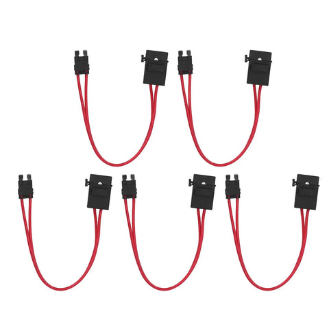 Heavy Duty Mini Blade Fuse Connector Holder 5 Pack 20 Amp Atm With 16 Awg Wire Extension showing 5 connectors with red wires.
