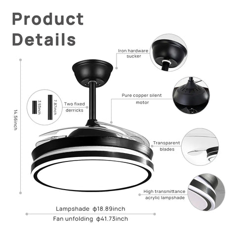42 Inch Retractable Ceiling Fan With Lights And Remote For Home Use In Bedroom Living Room And Dining Area, product details