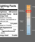 Lighting facts for 5W LED Bulb 450 Lumens 3000K Soft White G45 A15 Shape With E26 Base Frosted Not Dimmable Pack Of 4 40W Equivalent