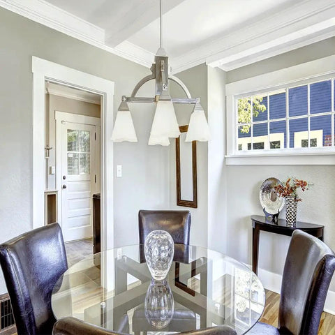 Round 29 Inch Clear Tempered Glass Table Top Replacement With Flat Polished Edge for dining setup, featuring leather chairs.