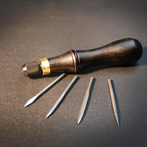 Leathercraft 4 In 1 Awl Tool Set With Interchangeable Blades For Leatherworking Includes Two Sizes Awl Blades Scratch Awl Lacing Fid