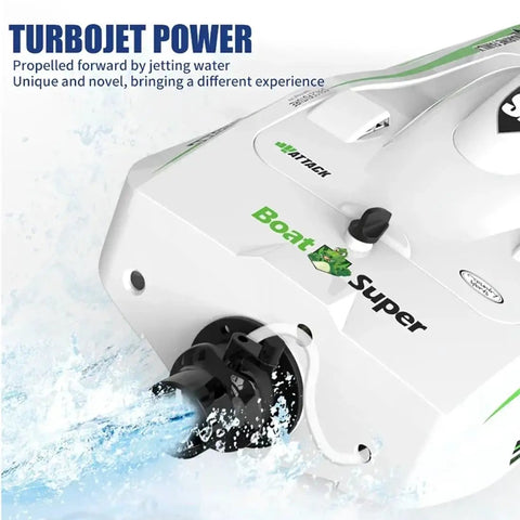 Close-up of Ultra Fast 2.4G Brushless RC Speedboat for Adults, showing turbojet power propulsion with water jetting feature