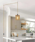 Straight Up Chic Boho Woven Rattan Plug In Pendant Ceiling Light Casting Dreamy Art Deco Wall Shadows And Bringing Super Chill Vibes To Every Cozy Room Today, in a modern kitchen with a visible 15 ft cord.