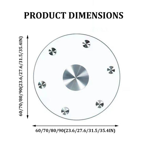 Tempered Glass Round Lazy Susan Turntable dimensions with 360 Degree Silent Spin and ultra-smooth jitter-free rotation features.