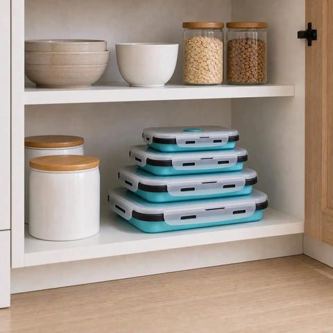 4 Pack Space Saving Collapsible Food Storage Containers With Lids For Small Kitchens And On The Go Living Includes 12 Oz 17 Oz 27 Oz And 4 Cup Sizes Folds Down To One Third Height Airtight Lids For Easy Meal Prep stacked in kitchen shelf