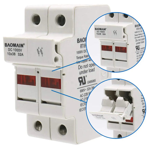 Heavy Duty 2 Pole DIN Rail Fuse Holder For Solar PV Systems, 30A At 1000V DC And 32A At 690V AC, RT18-32 10x38mm, LED indicator