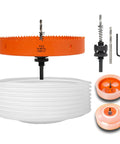 8.25 Inch Hole Saw Kit For Recessed Lights With Dust Bowl Catcher, arbor, drill bit, hex key, and bi-metal teeth