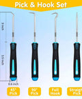 Set of four pick and hook tools with measurements, featuring 45° pick, 90° pick, full hook, and straight pick configurations.
