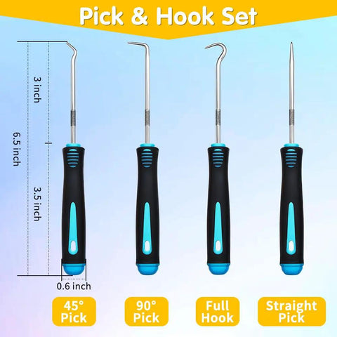 Set of four pick and hook tools with measurements, featuring 45° pick, 90° pick, full hook, and straight pick configurations.