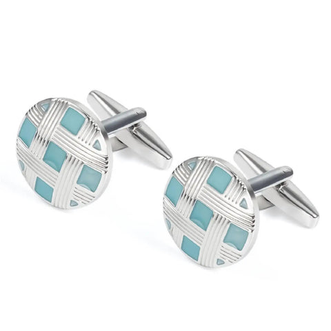 Classy Blue Silver Plated Cufflinks And Tie Clips For Men Clean Cut Formal Business Threads Hypoallergenic Round Grid Style with blue accents.