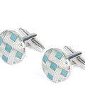 Classy Blue Silver Plated Cufflinks And Tie Clips For Men Clean Cut Formal Business Threads Hypoallergenic Round Grid Style with blue accents