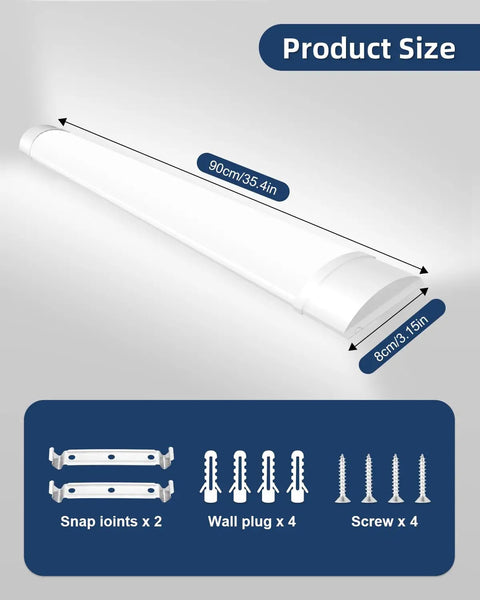 3ft LED Shop Light Fixture 30W Tube 3600 Lumens 4000K Neutral White Ceiling Light For Garage Closet Office Home Basement No Plug No Ground Wire Easy Install Durable Energy Efficient Bright Task Light dimensions with mounting hardware.