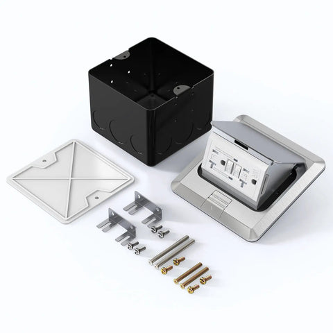 Pop Up Floor Outlet With 20 Amp GFCI, Stainless Steel Recessed Floor Box, parts displayed, tamper resistant, ETL listed