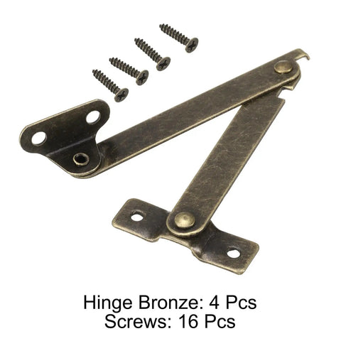 4 Pack Lid Folding Support Hinges With 16 Screws Bronze Finish Lid Stay Hinges for furniture, iron construction, close-up view.