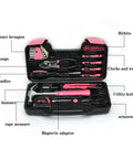 Open pink toolbox showing 39 Piece All Purpose Pink Tool Kit For Women With Toolbox Small Tool Set Great For Home Garage Office And College Dorm Use Perfect Starter DIY Repair Kit With Hammer Pliers Screwdrivers Tape Measure And More, displaying various tools like pliers, screwdrivers, and hammer neatly arranged.