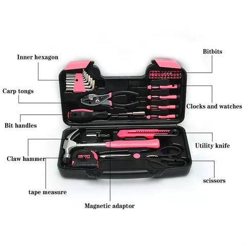 Open pink toolbox showing 39 Piece All Purpose Pink Tool Kit For Women With Toolbox Small Tool Set Great For Home Garage Office And College Dorm Use Perfect Starter DIY Repair Kit With Hammer Pliers Screwdrivers Tape Measure And More, displaying various tools like pliers, screwdrivers, and hammer neatly arranged.