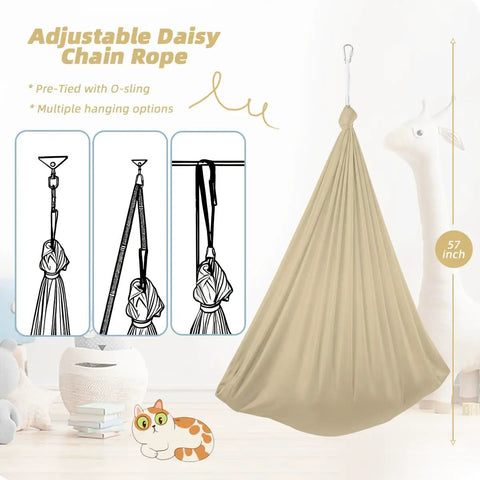 Kid Friendly Sensory Swing For Indoor And Outdoor Use 300 Lb Weight Capacity Hanging Therapy Swing With 360 Degree Swivel Hanger Kit Calming Effect For Autism ADHD SPD Beige shown with adjustable daisy chain in living room setting.