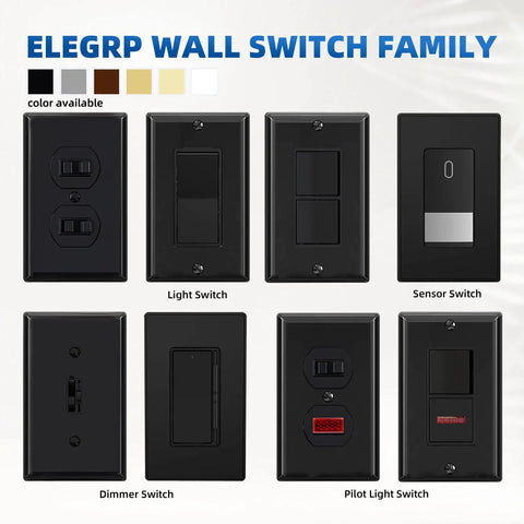 Single Pole Decorator Light Switch With Wall Plate 15A 120-277V Paddle Rocker On Off Self Grounding Residential Grade UL CUL Listed 10 Pack Glossy Black with other switches displayed.