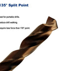 Close-up of 135° split point tip on Beefy 1/4 Inch Cobalt Steel M35 Jobber Length Twist Drill Bit For Hard Metal and Stainless Steel