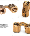 Copper hidden hinge pair, front view with knurled barrels for jewelry boxes and furniture

Copper hidden cabinet hinge, side view with knurled sleeve and slot openings

Close-up of copper self-closing hidden hinge, spring mechanism and textured knurling

Text panel showing SELF CLOSING feature of spring hinge
