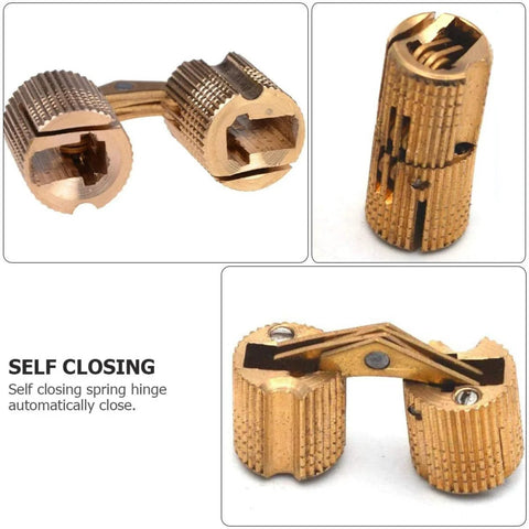 Copper hidden hinge pair, front view with knurled barrels for jewelry boxes and furniture

Copper hidden cabinet hinge, side view with knurled sleeve and slot openings

Close-up of copper self-closing hidden hinge, spring mechanism and textured knurling

Text panel showing SELF CLOSING feature of spring hinge