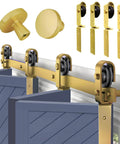 Gold Bi-Fold Barn Door Hardware Kit With Heavy Duty Metal Track System For Four Doors Includes Matching Knobs Four Rollers No Doors Included Ideal For Bifold Closet Doors Or Small Room Partitions