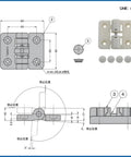 Positioning torque hinge, black finish, front view with square mounting plate and four screw holes
Positioning torque hinge, black finish, side view illustrating hinge body profile and screw holes
Close-up of round adjustment cap on black positioning torque hinge
Installed positioning torque hinge in a frame with 90-degree stop position