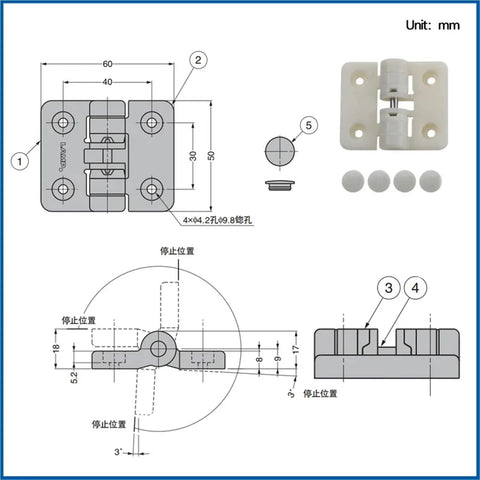 Black positioning torque hinge with mounting plate and screws; 90° limit, shown front, side, and installed views.