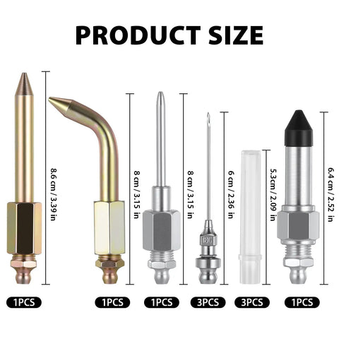 Product image showing the 7 Piece Grease Gun Accessory Kit With 3 Grease Needle Nozzles, 1 Needle Dispenser, Rubber Joint Fitting.