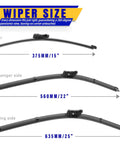 Image showing Volkswagen Tiguan Windshield Wiper Blades 3-Pack with sizes 25, 22, and 15 inches labeled for front installation.