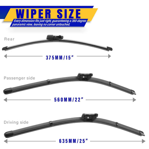 Image showing Volkswagen Tiguan Windshield Wiper Blades 3-Pack with sizes 25, 22, and 15 inches labeled for front installation.