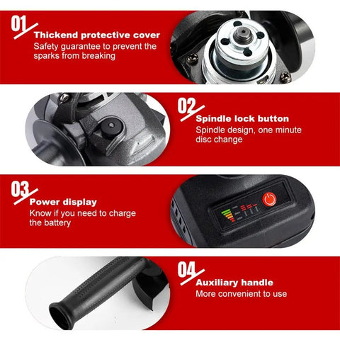 Brushless Cordless Angle Grinder features spindle lock button, power display, auxiliary handle, and thick protective cover.