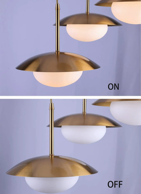 Go-To Three-Light Modern Pendant Lighting With Double Shades And White Glass Globe Inside Brushed Brass UFO Fixture, on and off view
