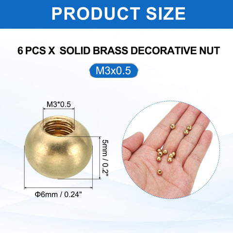Six Pack Brass Ball Lamp Finials 6mm Ball Size M3 X 0.5 Thread Nut Caps for Lighting Fixtures in Gold Tone