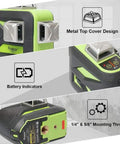 Close-up of Green Rotary Laser Level Kit for DIYers and Pros with Plumb Points Self Leveling showing features and mounting threads