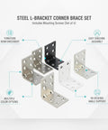 Heavy-Duty Steel L-Bracket Corner Brace Set For 90 Degree Furniture Reinforcement And Shelving Support, Includes Mounting Screws, Set Of 4
