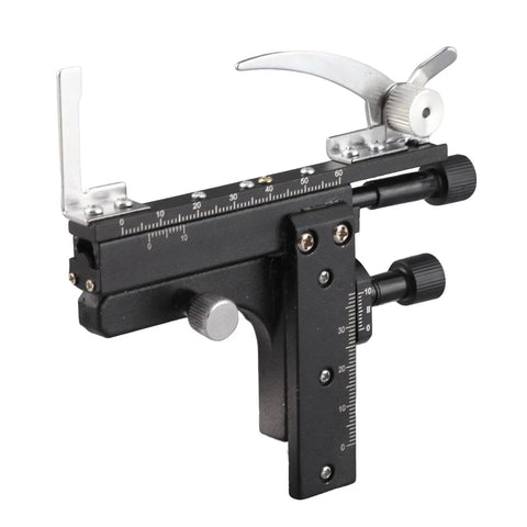 Moveable Microscope Stage With Attachable Caliper Vernier And XY Precision Scale Pro Grade Mechanical Stage For Biological Specimens Easy Install Durable Metal And Plastic Construction black microscope stage with scale and clamp, side view