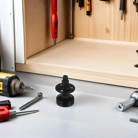 4 Pack Adjustable Furniture Leveling Legs With Three Eighths Inch Thread 16 UNC, black plastic and steel leg on workbench