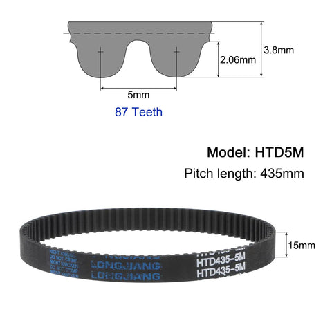 HTD5M 435 Pitch Timing Belt 87 Teeth 15mm Wide Closed Loop Synchronous Belt For Heavy Duty High Torque Drives Neoprene Rubber With Nylon Cord Reinforcement For Long Life, black