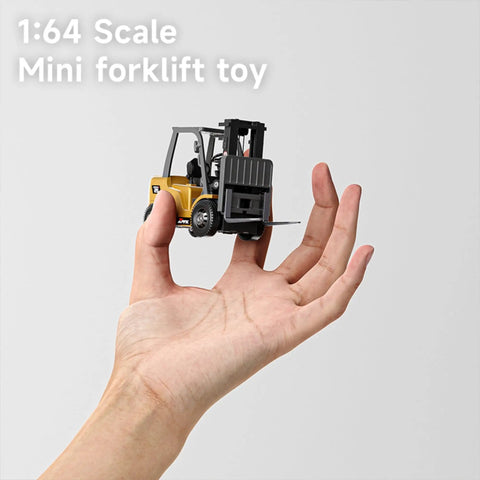 Hand holding One Sixty Fourth Scale Alloy RC Forklift Toy With Lights And Sounds Two Point Four Gigahertz Remote Control Truck