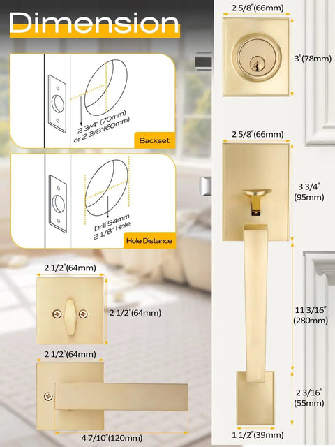 Rock Solid Heavy Duty Square Entry Door Handle And Single Cylinder Deadbolt Lock Set With Key In Satin Brass Finish dimensions