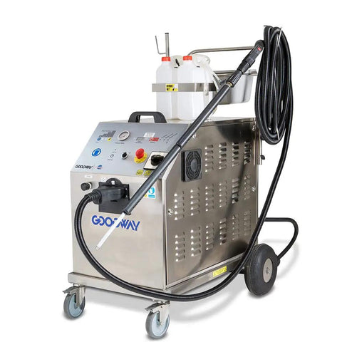 Heavy Duty Three Phase Industrial Steam Cleaner With Four Stainless Steel Boilers And Adjustable Pressure features hose and wheels.