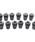 12 Piece ER16 Steel Spring Collet Set For CNC Milling Lathe Tools, 1/32 To 3/8 Inch Holding Engraving Collets, High Precision, Quick Clamp, Built Tough Steel For Stable Tooling. Assorted steel ER16 collets shown front view
