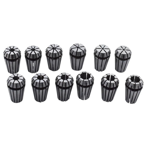12 Piece ER16 Steel Spring Collet Set For CNC Milling Lathe Tools, 1/32 To 3/8 Inch Holding Engraving Collets, High Precision, Quick Clamp, Built Tough Steel For Stable Tooling. Assorted steel ER16 collets shown front view