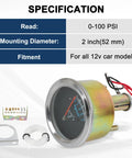 12V oil pressure gauge kit with 0-100 PSI range, 52mm chrome dial, universal fit for cars, featuring durable ABS housing and night illumination.